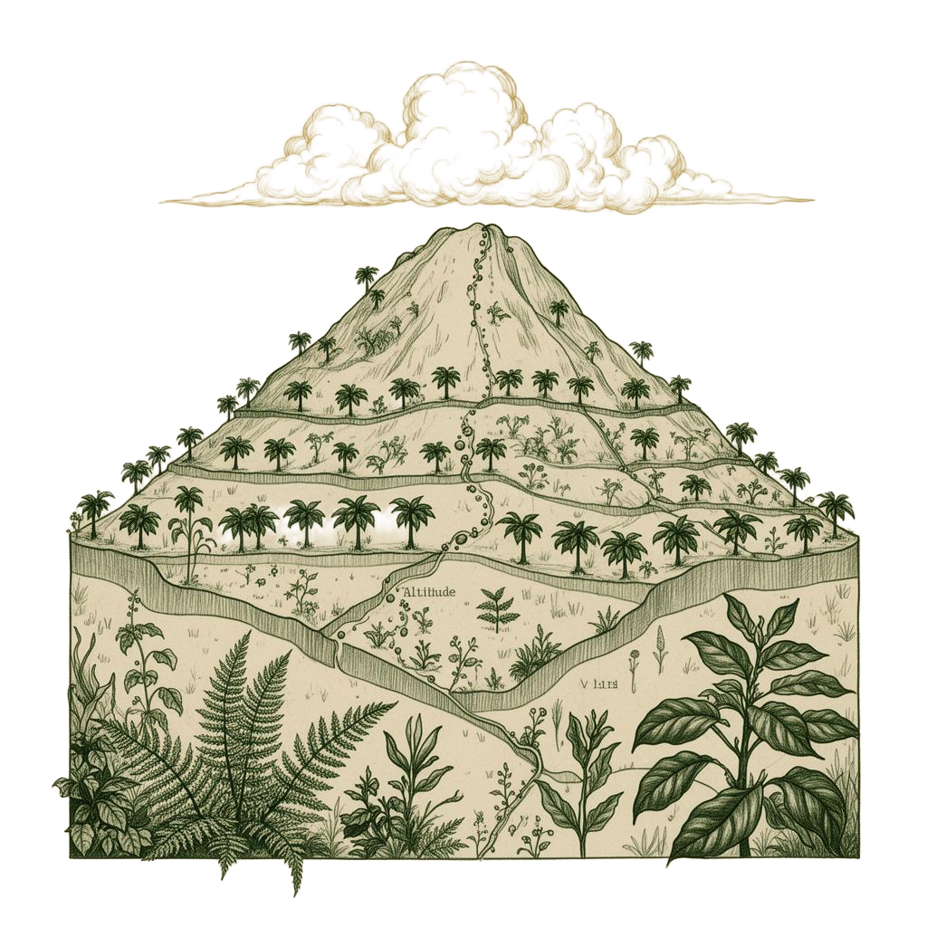 Botanical illustration of Kolli Hills altitude with coffee plants and herbs