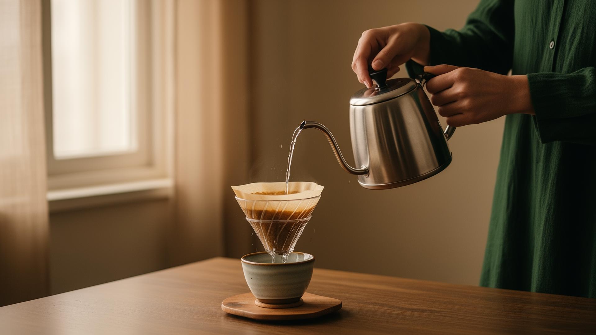 Hands pouring water over a coffee filter — the morning ritual