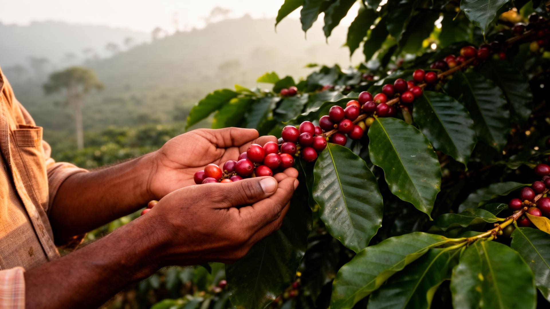 A farmer's hands holding fresh coffee cherries in Kolli Hills